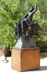 Custom steel base design for Ed Mell bronze, front, call for quote