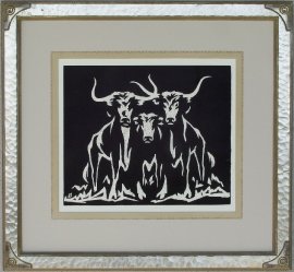 Longhorns ca. 1920s Block-print 12 x 14.25