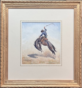 Bucker by Maynard Dixon, watercolor. Hand carved with Dixon Thunderbird logo. Gold leaf with light antique finish. McClure frame, 20.5 x 19 inches.