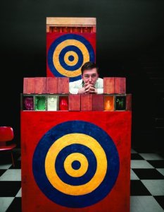 Jasper Johns with "Target with Plaster Casts", and "Target with Four Faces", at the Ernst Haas studio, East 71st Street, New York, 1958. Archival pigment print Archival pigment print on Hahnemühle paper, Price on request.