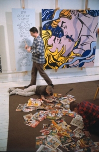 Roy Lichtenstein with his sons David and Mitchell, West 26th Street studio, New York, 1964, with "We Rose Up Slowly"