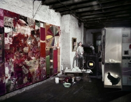 Robert Rauschenberg, Pearl Street studio, with "Charlene", left, and "Monogram", New York, 1958