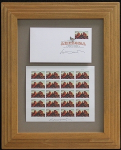 Arizona Centennial Commemorative Stamp, Arizona First Day of Issue by Ed Mell, Custom frame with autographed stamps and First Day of Issue with Signature Frame, Desert tone finish 16 x 13 inches Price $500.00 Shipping included.