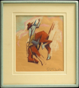 Ed Mell, Going Over, 15.25 x 13 inches, Frame 24 x 21 inches, , Linen mat, Zolatone finish on Ed Mell Signature Frame, ca. 1980 SOLD