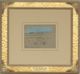 Colorado Desert 1902, Hand carved gilded framed example of Maynard Dixon artwork with custom Dixon motif in corner. Frame is 1 3/4 inches wide with a custom French mat with hand applied lines