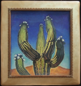 Saguaro, hand carved frame with warm silver finish, Lon Megargee Circle M signature logo 22 x 20 inches.