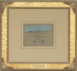 Colorado Desert 1902, Hand carved gilded framed example of Maynard Dixon artwork with custom Dixon motif in corner. Frame is 1 3/4 inches wide with a custom French mat with hand applied lines