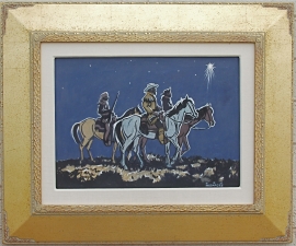 Art Deco Gold Leaf Frame, Art Deco Style with Signature Logo, Circle M Brand, 3.5 inches wide, 2 inches tall, Lon Megargee,Three Wise Men Painting on board 22.5 x 27