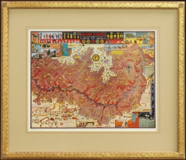 Grand Canyon Map, Jo Mora, Hand carved signature Frame with hand applied French line mat, Price on Request