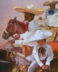 PADRE, HIJO, HIJO (Father, Son, Son) Limited to 75 plus 10 artist’s proofs USD $2200 The family tradition is still strong in Mexico, especially among the Charros. As with horse people everywhere, young and old alike participate. This group represents a Grandfather, his Son, and his Son, in turn.