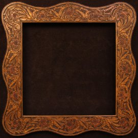 Western hand tooled floral design with Serpentine shape, hand stitch edge lacing. Opening is 30 x 30 inches, frame size is 42.5 x 42.5 inches. $1,985.00