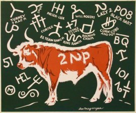 2 Lazy 2P , 20 x 24 inches, serigraph on board, 1939. Featured in "Hot Irons" by Oren Arnold and John Hale, 1940, The brand is described in chapter thirteen, page 207-208. Lon Megargee created this serigraph from his commission with Oren Arnold and John Hale to do their dust jacket for the book, " Hot Irons", 1940. Arnold and Hale wanted to establish a reference work, an "authority", with a entertaining history about the evolution of the brand. Megargee created a painting of a steer that was branded with the , 2 Lazy 2 P. Surrounding the steer is a random display of famous brands of ranches in the Southwest. It was well received and must have prompted Megargee to create the likeness as a print.  $1250.00