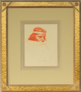 Hopi Medicine Man, 1910.  Rare original drawing.  Basis for numerous paintings and advertising pieces. Lon Megarge signature frame, hand applied french line design, archival standards. $13,000.00
