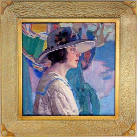 Portrait of Emily Sherzel, ca. 1924. 16 x 16 inches, frame size 23 x 23 inches. Note painting in background when turned upside down, owned by Phoenix Art Museum. Price on request. SOLD