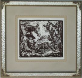 Siesta ca. 1920s Block-print 10.5 x 12.5, signed in plate