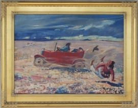 New Car, Unsigned ca. 1940 Oil on Board 19x26 Sold