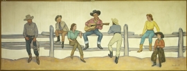 Mural , Lon Megargee, oil on canvas, 54 x 144 inches, ca. 1939. Painting was a commission for the N. Porter Saddle & Harness Company, Phoenix, Arizona. SOLD