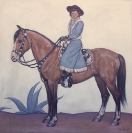 Portrait, Lon Megargee, 52.5 x 52.5 inches. Oil on canvas, framed, ca. 1939. Portrait of Sally Parrish, she was the fifth wife of Lon Megargee. Painting was a commission for the N. Porter Saddle & Harness Company, Phoenix, Arizona. Call for pricing.SOLD