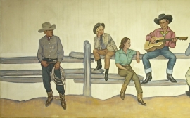 Detail 1, Lon Megargee, oil on canvas, 54 x 144 inches, ca. 1939. Painting was a commission for the N. Porter Saddle & Harness Company, Phoenix, Arizona. SOLD