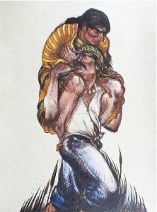 Cruzando el Rio Bravo - Border Crossing, Stone Lithograph with Chine Collé 1987 Image 31 x 23 inches. Price on request