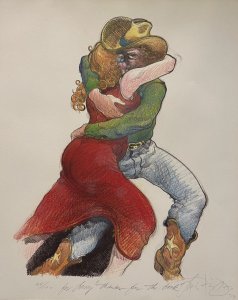 Texaz Dancing, Hand colored stone lithograph by Luis Jimenez 26x20 inches. For Larry, "Thanks for the book" Stone Lithograph, hand colored by Luis Jimenez. Signed to the great novelist and Academy Award Winner, Larry McMurty, author of Lonesome Dove, Last Picture Show and Terms of Endearment. SOLD