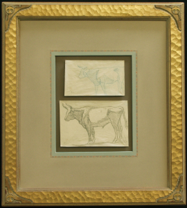 Study of Steers, Refuge Ranch, Utah 1921, $8,500.00, Two drawings done on the Dixon Family Ranch, "Refuge", Madera County, California, 1921. Acquired by Donald Hagerty, Dixon authority, directly from Edith Hamlin Dixon. Drawing sizes are 3.25 x 5.5 inches and 4.25 x 6.25 inches. Custom Dixon signature frame with Thunderbird logo. French matting with hand dyed mat, archival standards. Frame size is 18.5 x x12.5.