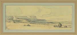 Maynard Dixon Arizona Desert 1941 4.75 x 13 inches conte crayon. Custom Dixon signature frame with Thunderbird logo. French matting with hand dyed mat, archival standards. $25,500.00