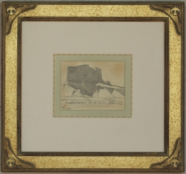 Maynard Dixon Bluff in Shadow 1922, 4.25 x 5 inches. Featured in The Westerners Brand Book #8 (1959) Custom Dixon signature frame with Thunderbird logo. French matting with hand dyed mat, archival standards. $8,500.00