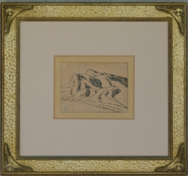 Maynard Dixon, Nevada Desert,  Study of Range 1927, 4.25 x 6 inches, Pen & Ink, "Maynard Dixon Sketch Book", 1967, framed 15 x 16 inches, SOLD