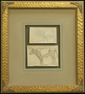 Study of Steers, Refuge Ranch, Utah 1921, $7,900.00, Two drawings done on the Dixon Family Ranch, "Refuge", Madera County, California, 1921. Acquired by Donald Hagerty, Dixon authority, directly from Edith Hamlin Dixon. Drawing sizes are 3.25 x 5.5 inches and 4.25 x 6.25 inches. Custom Dixon signature frame with Thunderbird logo. French matting with hand dyed mat, archival standards. Frame size is 18.5 x x12.5.