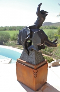 Custom steel base design for Ed Mell bronze, side