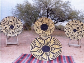 Pima Basket Designs in Steel by R. C. Merrill Steel rod coiled into basket shape with polychrome design, hand painted, 48 inches in diameter