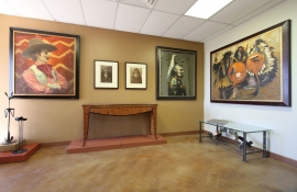 Tex Cooper, Medicine Crow and Buffalo Sheilds by Greg Singley. Parson table by Kevin Irvin and hand forged coffee table with spurs by Rick Merrill