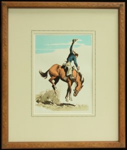 Vintage Lithograph, 1940s, published by Maynard Dixon. Hand carved frame with hand applied French line matte. Dixon Logo Thunderbird Corner, 23.5 x 19 inches, archival quality framing. $1350.00 for the matching pair. SHIPPING $50.00. Call for availability