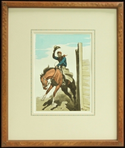 Vintage Lithograph, 1940s, published by Maynard Dixon. Hand carved frame with hand applied French line matte. Dixon Logo Thunderbird Corner, 23.5 x 19 inches, archival quality framing. $1350.00 for the matching pair. SHIPPING $50.00. Call for availability