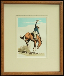 Vintage Lithograph, 1940s, published by Maynard Dixon. Hand carved frame with hand applied French line matte. Dixon Logo Thunderbird Corner, 23.5 x 19 inches, archival quality framing. $1350.00 for the matching pair. SHIPPING $50.00. Call for availability