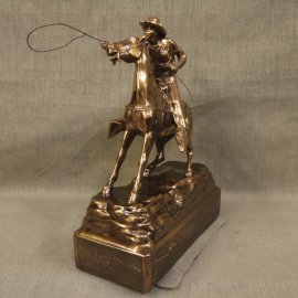 Cowboy Throwing Lariat Copper Statue, $2,500.00. This is an extremely rare copper patina statue, it is "mint condition, warehouse new," made in the 1940s by Owens Company that produced high end novelties and accessories for home and office. They produced numerous subjects, including a distinctive line of Western subjects. The Owens Company is the maker of the famous Oscars for the movie industry. I purchased the remaining warehouse inventory, which had been setting in inventory over fifty years. This is the last of a series of Western statues. I will be adding a few other different pieces over time. Inquires at Collier Gallery. Size: 13.5" High 9.5" Long 6" Wide, Very Heavy, shipping $120.00, Continental US