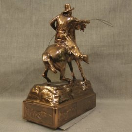 Cowboy Throwing Lariat Copper Statue, $2,500.00. This is an extremely rare copper patina statue, it is "mint condition, warehouse new," made in the 1940s by Owens Company that produced high end novelties and accessories for home and office. They produced numerous subjects, including a distinctive line of Western subjects. The Owens Company is the maker of the famous Oscars for the movie industry. I purchased the remaining warehouse inventory, which had been setting in inventory over fifty years. This is the last of a series of Western statues. I will be adding a few other different pieces over time. Inquires at Collier Gallery. Size: 13.5" High 9.5" Long 6" Wide, Very Heavy, shipping $120.00, Continental US