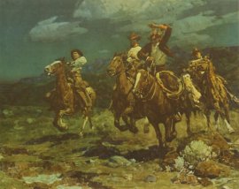 Frank Tenny Johnson 14.5"x18.25, Rough Riding Rancheros, Vintage Color Lithograph, Printed by Western Lithograph Co. for their "Calendar Series" in 1939 $190.00, Free Shipping