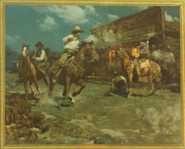 Frank Tenny Johnson 16x19.5, Fight in a Frontier Town, Vintage Color Lithograph, Printed by Western Lithograph Co. for their "Calendar Series" in 1939, $250.00, Free Shipping