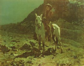 Frank Tenny Johnson 15.25x19.5, Moonlight in The Hills Vintage Color Lithograph, Printed by Western Lithograph Co. for their "Calendar Series" in 1939, $250.00, Free Shipping