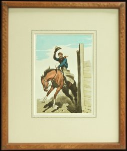 "Coming Out", Maynard Dixon, Vintage Lithograph, 1940s, published by Maynard Dixon. Hand carved frame with hand applied French line matte. Dixon Logo Thunderbird Corner, 23.5 x 19 inches, archival quality framing. $985.00 for the matching pair. SHIPPING $50.00.
