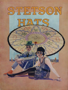 Stetson Advertising Placard 3 ca. 1920 Lithograph on chipboard 14 x 11 inches $475.00 Shipping included. Condition is excellent, there are glue marks on back where they were mounted in the portfolio. These window cards were handed out to Western clothing stores or related retail stores to display in windows or on counters. This placard and others was in a large portfolio from the Stetson Hat Company, documenting the images created by Stetson Hat with noted illustrators of the time, artists that we now recognize. These image usually did not appear in print ads. They were more unique, even to the point of one becoming the logo for Stetson Hat, "The Last Drop From His Hat" by Lon Megargee. The placards in the portfolio had deions by Stetson Hat showing legal copyright filings in federal courts dated in1936, though imagery shows the fashion of the time and places most of the clothing and settings to be from 1919 to 1929 as stated in the deions.