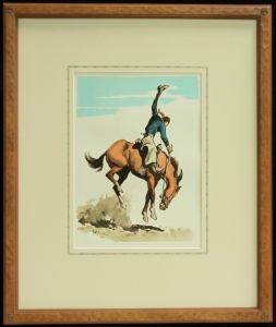 Vintage Lithographs, 1940s, published by Maynard Dixon. Hand carved frame with hand applied French line matte. Dixon Logo Thunderbird Corner, 23.5 x 19 inches, archival quality framing. $985.00 for the matching pair. SHIPPING $50.00.