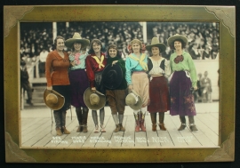 Cowgirls Pendleton Roundup 1918, Hand colored Photograph,18.75x30 inches, Fuji Diamond Crystal Archival paper, Frame 23.5x34.75 inches, $400.00, shipping $75.00