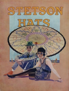 Stetson Advertising Placard 3 ca. 1920 Lithograph on chipboard 14 x 11 inches $350.00 Shipping included. Condition is excellent, there are glue marks on back where they were mounted in the portfolio. These window cards were handed out to Western clothing stores or related retail stores to display in windows or on counters. This placard and others was in a large portfolio from the Stetson Hat Company, documenting the images created by Stetson Hat with noted illustrators of the time, artists that we now recognize. These image usually did not appear in print ads. They were more unique, even to the point of one becoming the logo for Stetson Hat, "The Last Drop From His Hat" by Lon Megargee. The placards in the portfolio had descriptions by Stetson Hat showing legal copyright filings in federal courts dated in1936, though imagery shows the fashion of the time and places most of the clothing and settings to be from 1919 to 1929 as stated in the descriptions.