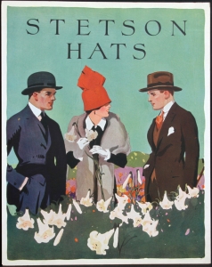 Stetson Advertising Placard 4 ca. 1920 Lithograph on chipboard 14 x 11 inches $350.00 Shipping included. Condition is excellent, there are glue marks on back where they were mounted in the portfolio. These window cards were handed out to Western clothing stores or related retail stores to display in windows or on counters. This placard and others were in a large portfolio from the Stetson Hat Company documenting the images created by Stetson Hat with noted illustrators of the time, artists that we now recognize. These image usually did not appear in print ads. They were more unique, even to the point of one becoming the logo for Stetson Hat, "The Last Drop From His Hat" by Lon Megargee. The placards in the portfolio had descriptions by Stetson Hat showing legal copyright filings in federal courts dated in1936, though imagery shows the fashion of the time and places most of the clothing and settings to be from 1919 to 1929 as stated in the descriptions.